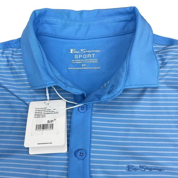 NWT BEN SHERMAN Golf 3 Button Tech Jersey Polo Sz Small Azure Mini Stripes - Picture 3 of 5